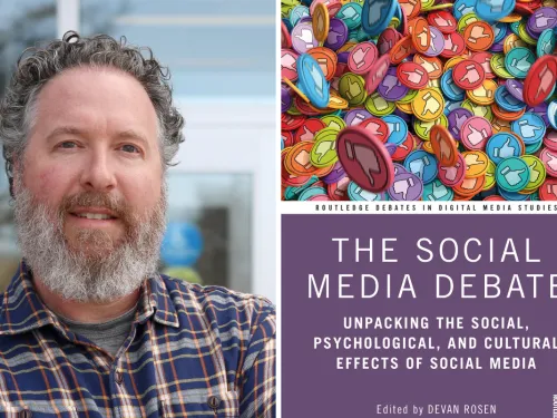 Headshot of Devan Rosen and a picture of the book cover