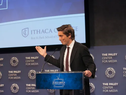 David Muir '95 presenting the Jessica Savitch Award to Barbara Walters