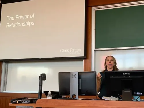 Chris Patton speaking in front of a room