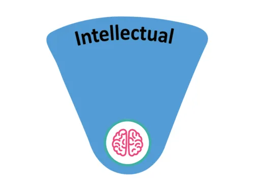 Inversed blue triangle with intellectual written across the top and icon of human brain on bottom.