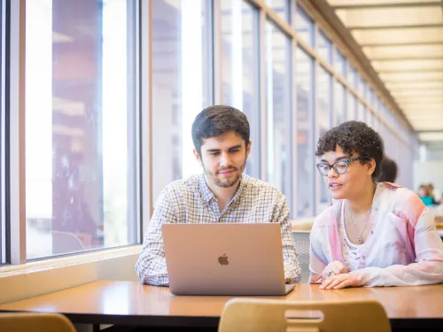 two students sitting side by side looking at a computer screen 