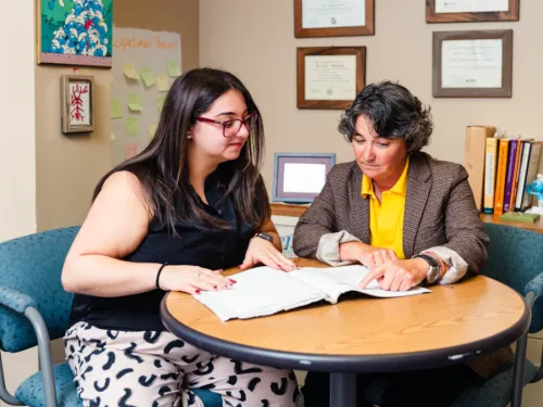 A faculty member and student are seated at a table discussing available courses.