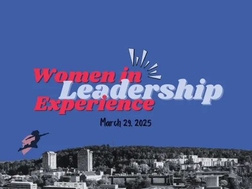 Women in Leadership Experience logo with superhero flying over IC skyline