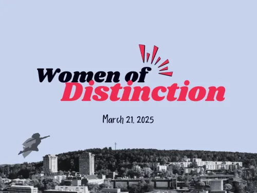 Women of Distinction logo with superhero flying over IC skyline