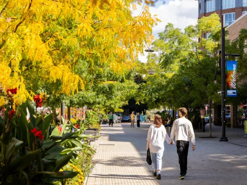 two people stroll down the street in Downtown Ithaca 