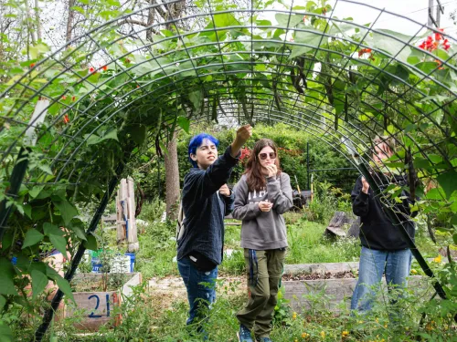 College students tour green spaces.