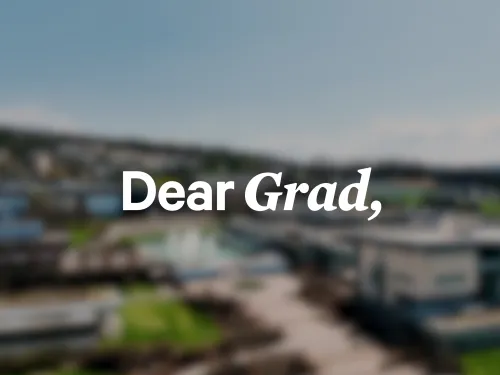 Dear Grad, over a blurred image of campus