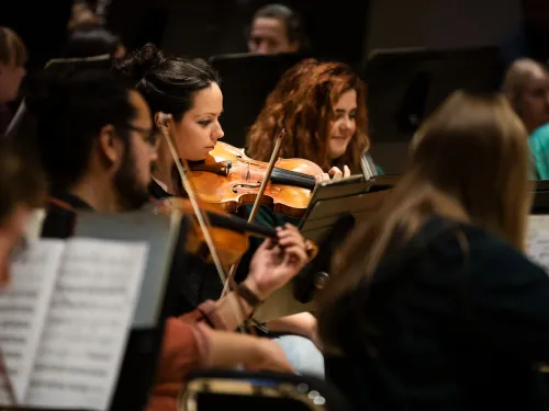 Students play violins in a symphony orchestra.