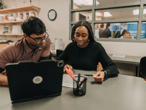 A college student and a career counselor work on a laptop.