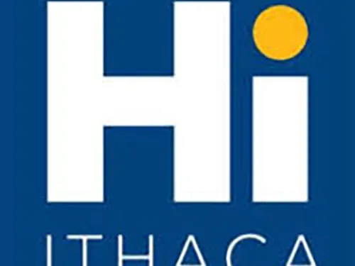 Image of Hillel at Ithaca logo. Image is a blue background with Hi prominent in white text, i is dotted in yellow. Ithaca is in white text underneath.