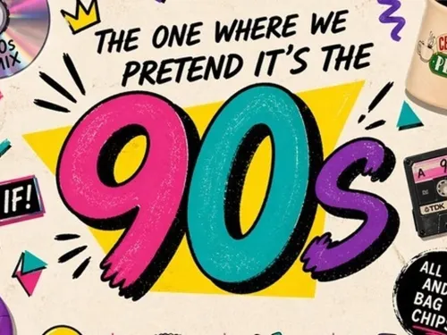 Poster with a coffee cup, CD, cassette tape, and other images from the '90s
