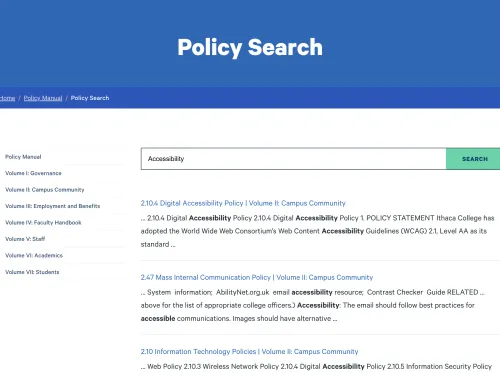The Ithaca College policy manual webpage, with "Accessibility" entered into the search bar, returning many results.