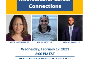 3 IC alum on a flyer for a career panel event. One black woman with long hair in a headshot pose, one Latinx woman standing on a beach smiling, one Black man in a blue suit in a professional pose.