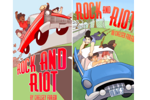 Illustrated teens driving cars with the words 'Rock and Riot' overhead