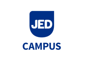 white background with a blue shield with the letters JED in white with the word CAMPUS in blue below it