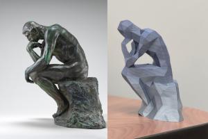 Side by side of sculpture and 3D print of the thinker