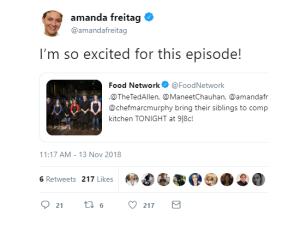 Screenshot of an Amanda Freitag tweet about "Chopped"