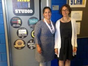 President Shirley M. Collado and Dean Melanie Stein stand outside the WICB studio.