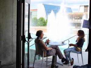 Scholar and Mentor discussing in front of the Fountains