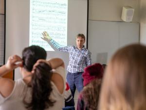 Professor Russell Posegate teaching a Music Theory class.