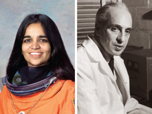 A split screen with two images. The first is of Dr. Chawla. She is a woman wearing an orange astronaut suit smiling at the camera. Her hair is dark and straight and parted down the center. The second is of Dr. Ochoa. It is sepia colored. He is an older man sitting to the side in a white lab coat.  His hairline is receding and his hair is greying. He is looking at the camera but is not smiling.