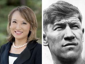 A split image of two photos. The first is of Mary Chung Hayashi. She is a middle aged woman smiling into the camera. She wears a pearl necklace, pear earrings, and a dark suit jacket.  Her hair is golden brown and ends right before her shoulders.  It is parted to one side.  The second image is of Jim Thorpe. It is a black and white photo of him as a young man starting off into the distance. His brow is furrowed and his eyes are squinted as if looking into a bright light. 