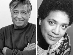 A split image of two photos.  The first is a black and white photo of Cesar Chavez as an older man. He is standing with is arms crossed, smiling at the camera.  His salt and pepper hair is short and blowing in the wind.  He wears a dark crew cut sweater.  The second is a black and white photo of Audre Lorde.  She is wearing a short afro, and a heavily patterned sweater. She is leaning toward the camera at an angle and has a closed lipped smile on her face.