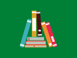 a graphic design of books against a green background.
