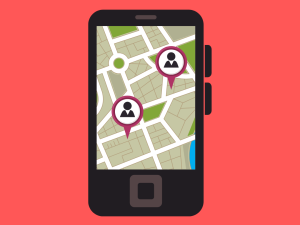 a graphic design of a smart phone showing GPS navigations against a red background.