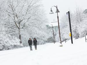 Two students are walking together on campus during a snowstorm.
