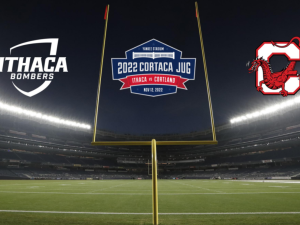 Image of a Football field, with Ithaca, Cortland, and Cortaca logos