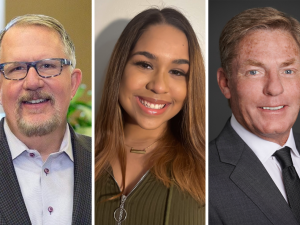 John Neeson ’84, Alexa Rahman ’24 and Kenneth Fisher ’80, Parent ’20 as the new members of the Ithaca College Board of Trustees.