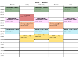 A schedule grid with 6 classes on it