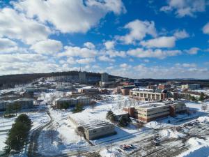 winter aerial shot of campus