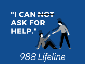 A person helps to pick up another off the ground with the statement "I can ask help."