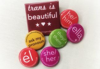 Buttons with different pronouns on them