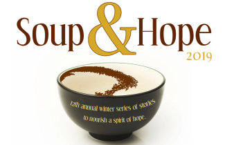 Empty bowl with text reading "Soup & Hope"