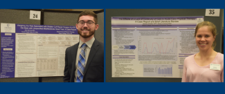 Two students are standing in front of research posters. One student's research poster is "Weighing the Risk of Rotator Cuff Surgery" the other is "The Effects of a Lack of Continuity of Care in Acute Physical Therapy"