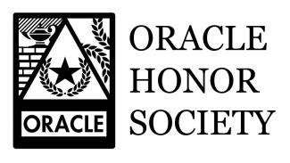 The Oracle Honor Society Logo, featuring a five-pointed star and laurel wreath within a triangle. To the left of the triangle is a lamp resting on a wall, and to the right is olive branches.