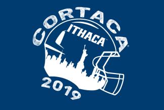 Illustration of a football helmet with a city skyline and "Ithaca" on the side