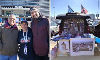 Two images in one unit. The image on the left shows the college president standing with a father and son. The image on the right shows an open tailgate with photos and other sentimental items