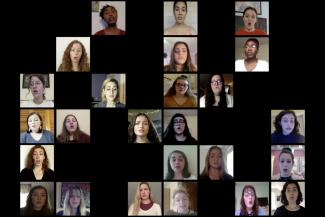 array of faces singing in video