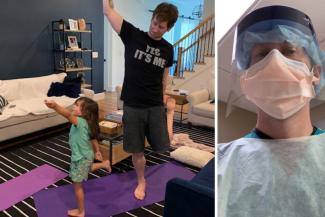 photo collage of man and daughter doing yoga and man in medical gear