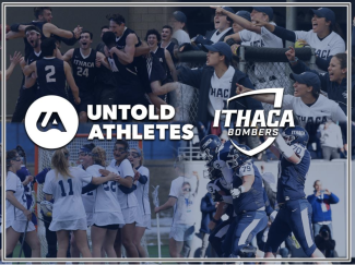 Graphic of Untold Athletes and Ithaca College over collage of athletic photos