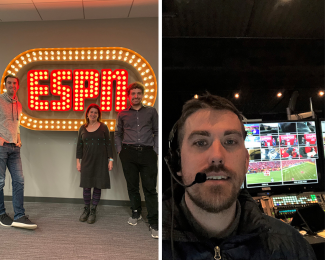 Cote, Greenfield, and Vorensky pose in front of an ESPN sign, Jahn in Control room