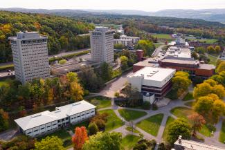 aerial of campus with towers