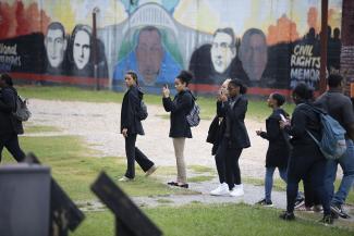 Students visit the Civil Rights Memorial at the Edmund Pettus Bridge