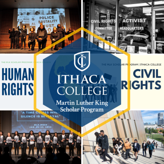 A collage of images with students in matching outfits performing social justice presentations and the IC MLK Scholar Logo