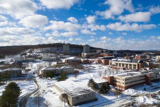 aerial photo of campus during winter