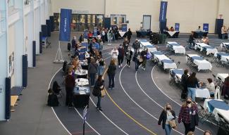 An overhead shot of the admissions event